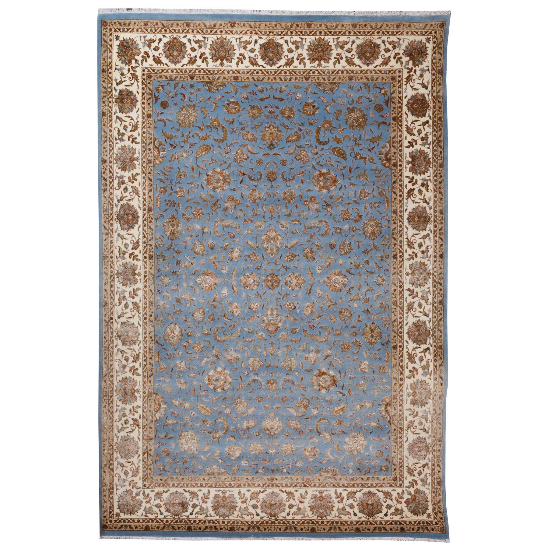 prostokątny dywan brązowo niebieski z kwiatowym motywem